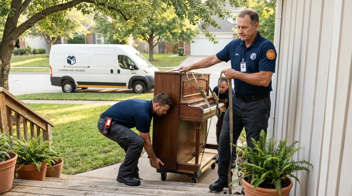 Licensed piano movers securing grand piano in Brazil, IN