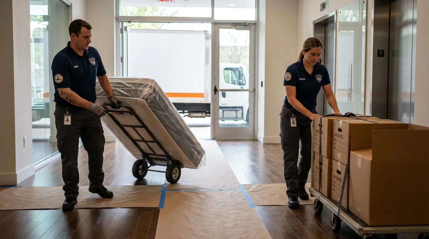 Professional apartment movers loading elevator in Brazil, IN